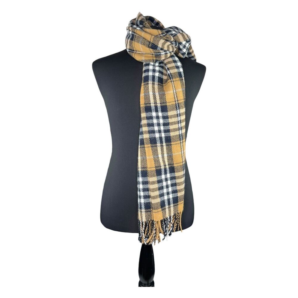 COMME CA ISM 29'x79' Scarf‎ Fringed Wool Blend Plaid Black Cream Butter EUC Read